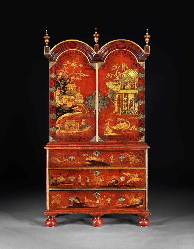 Giles Grendey - A Rare George I Period Scarlet Japanned Double Domed Secretaire Cabinet | MasterArt